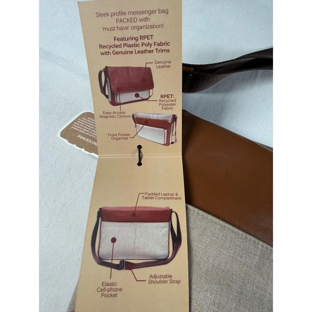 Boconi RPET Slim Messenger Bag Brown‎ Leather Recycled Fabric Laptop RFID New